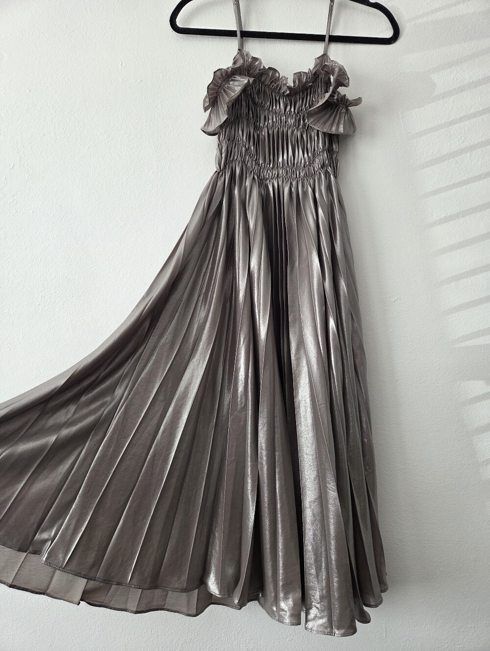Metallic Pleated Maxi Dress with Ruffle Straps